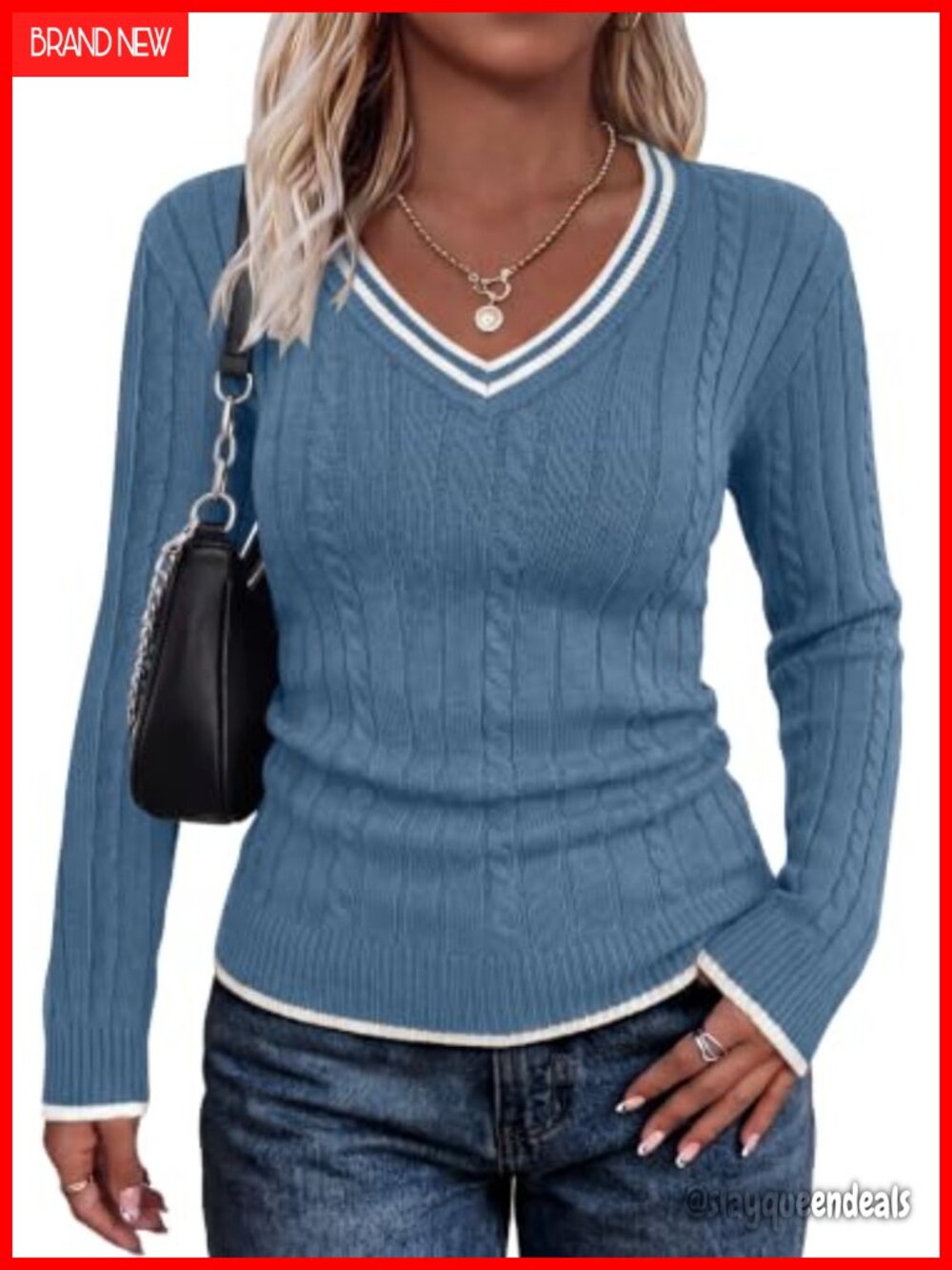 Womens V Neck Cable Knit Color Block Long Sleeve Sweater Pullover